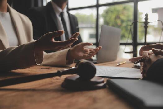 Good Service Cooperation Consultation Of Businesswoman And Male Lawyer Or Judge Counselor Having Team Meeting With Client Law And Legal Services Concept Free Photo